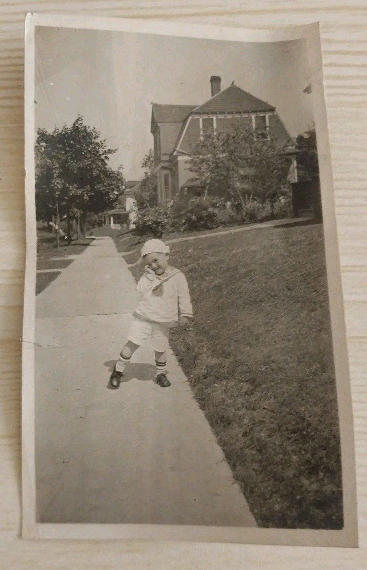 Vintage 1910s Photo Little Boy Sailor Suit Outfit House  Sidewalk  Snapshot  Art