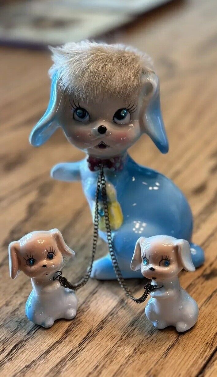 vintage kreiss company Blue Porcelain Dog With 2 Puppies On Chains.