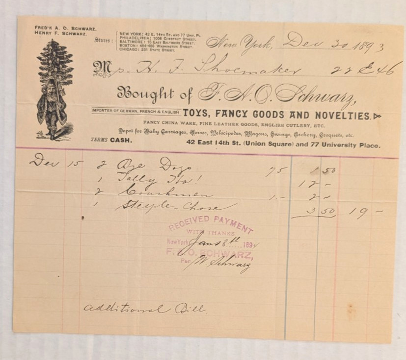 1893 NYC FAO SCHWARZ TOYS FANCY GOODS STORE LETTERHEAD WITH SANTA CLAUS & TREE 1893 NYC FAO SCHWARZ TOYS FANCY GOODS STORE LETTERHEAD WITH SANTA CLAUS & TREE