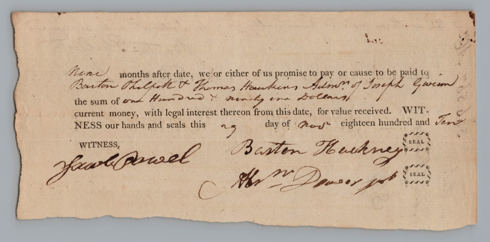 Antique 1810 Promissory Note $191 Estate of Joseph Garwood Signed