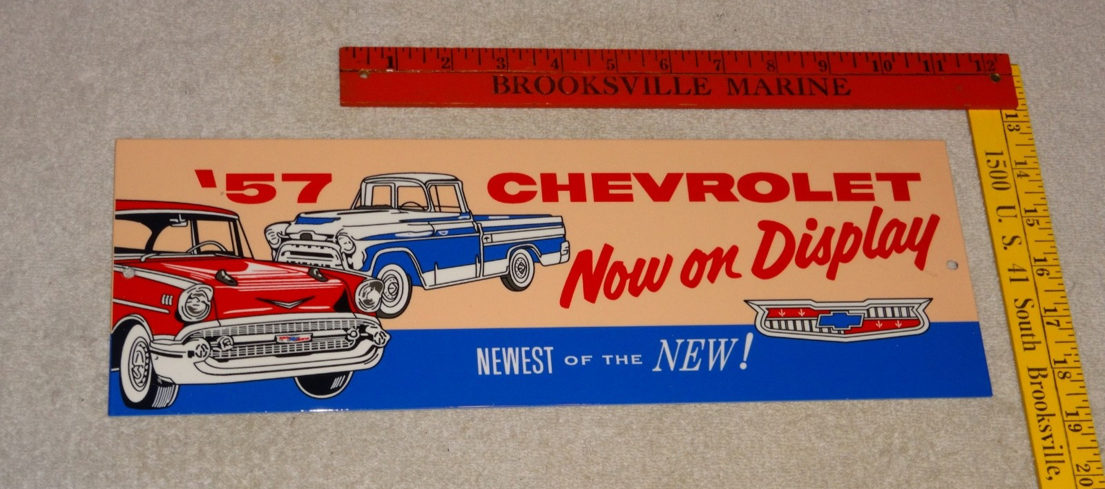 VINTAGE CHEVROLET 1957 TRUCK & CAR @ CHEVY DEALER ENAMEL METAL GASOLINE OIL SIGN VINTAGE CHEVROLET 1957 TRUCK & CAR @ CHEVY DEALER ENAMEL METAL GASOLINE OIL SIGN