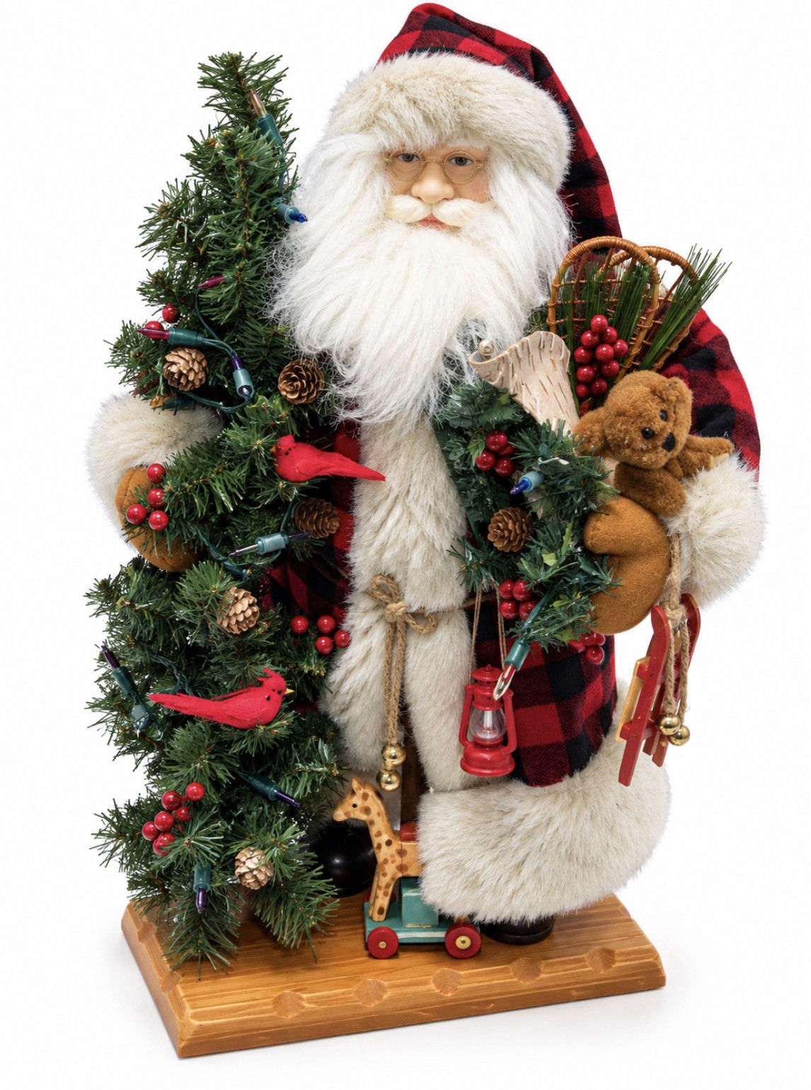 Vintage 2 Ft Plaid Santa Claus Figurine with Glasses, Christmas Tree & Teddy 