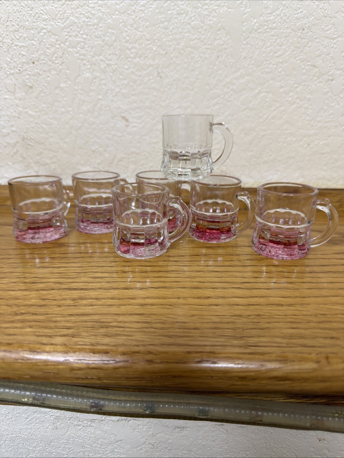 Mini Beer Mug 1 oz Shot Glasses Pink Cranberry Clear VTG Federal Glass Set of 7 Mini Beer Mug 1 oz Shot Glasses Pink Cranberry Clear VTG Federal Glass Set of 7