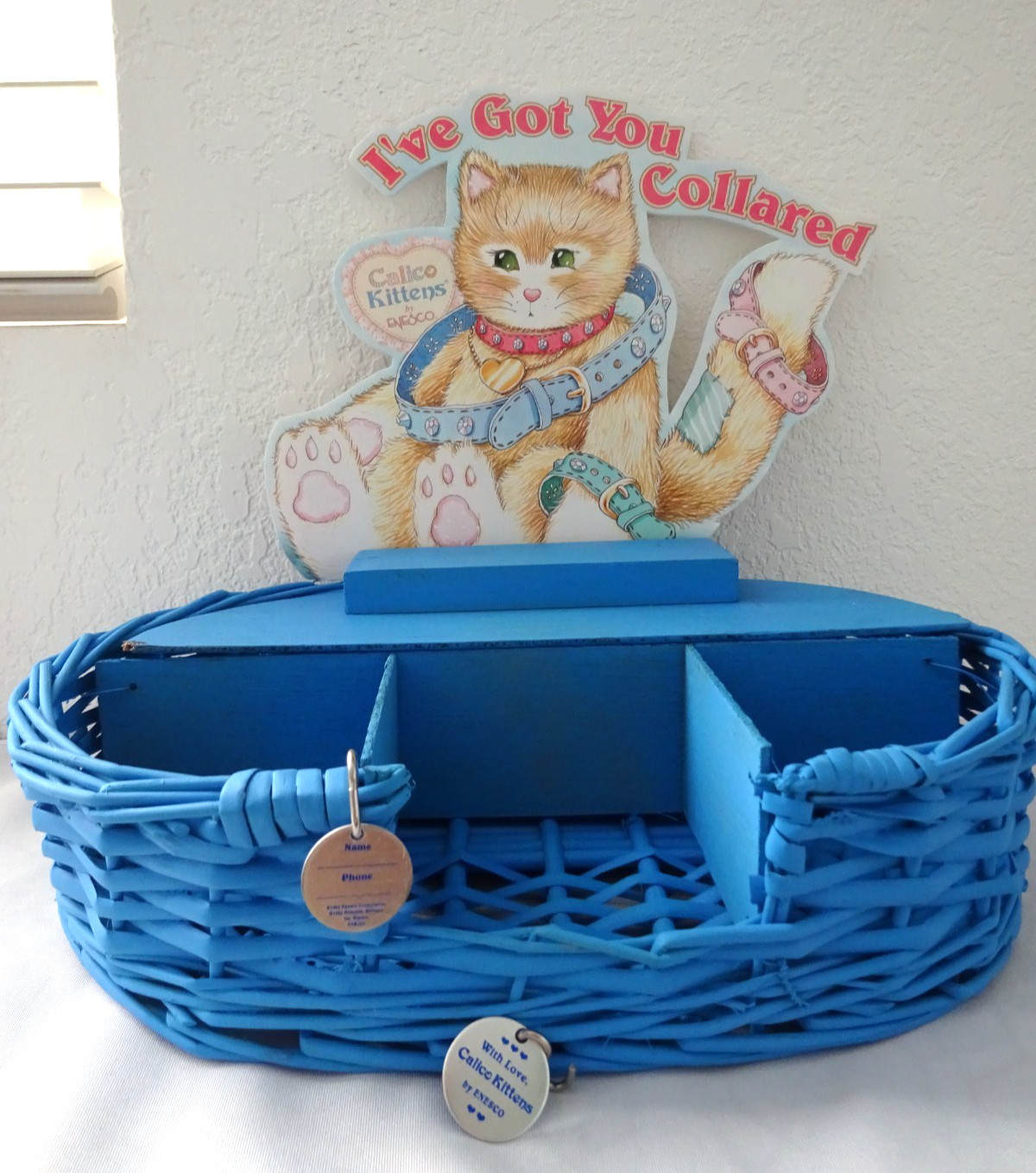 Vintage Enesco Calico Kittens I’ve Got You Collared Store Display Basket #454796