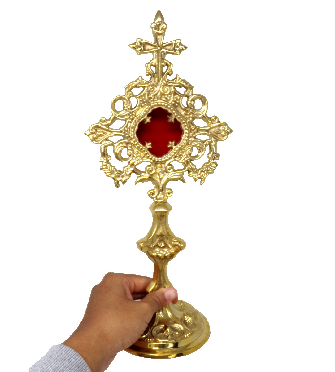 Ornate High Polished Brass Church Cross Ostensorium w/Pedestal Base 13 Inches