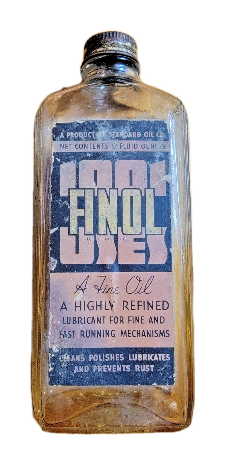 Vintage FINOL 1001 USES Empty Glass Bottle Of A Fine Oil Refined Lubricant Vintage FINOL 1001 USES Empty Glass Bottle Of A Fine Oil Refined Lubricant