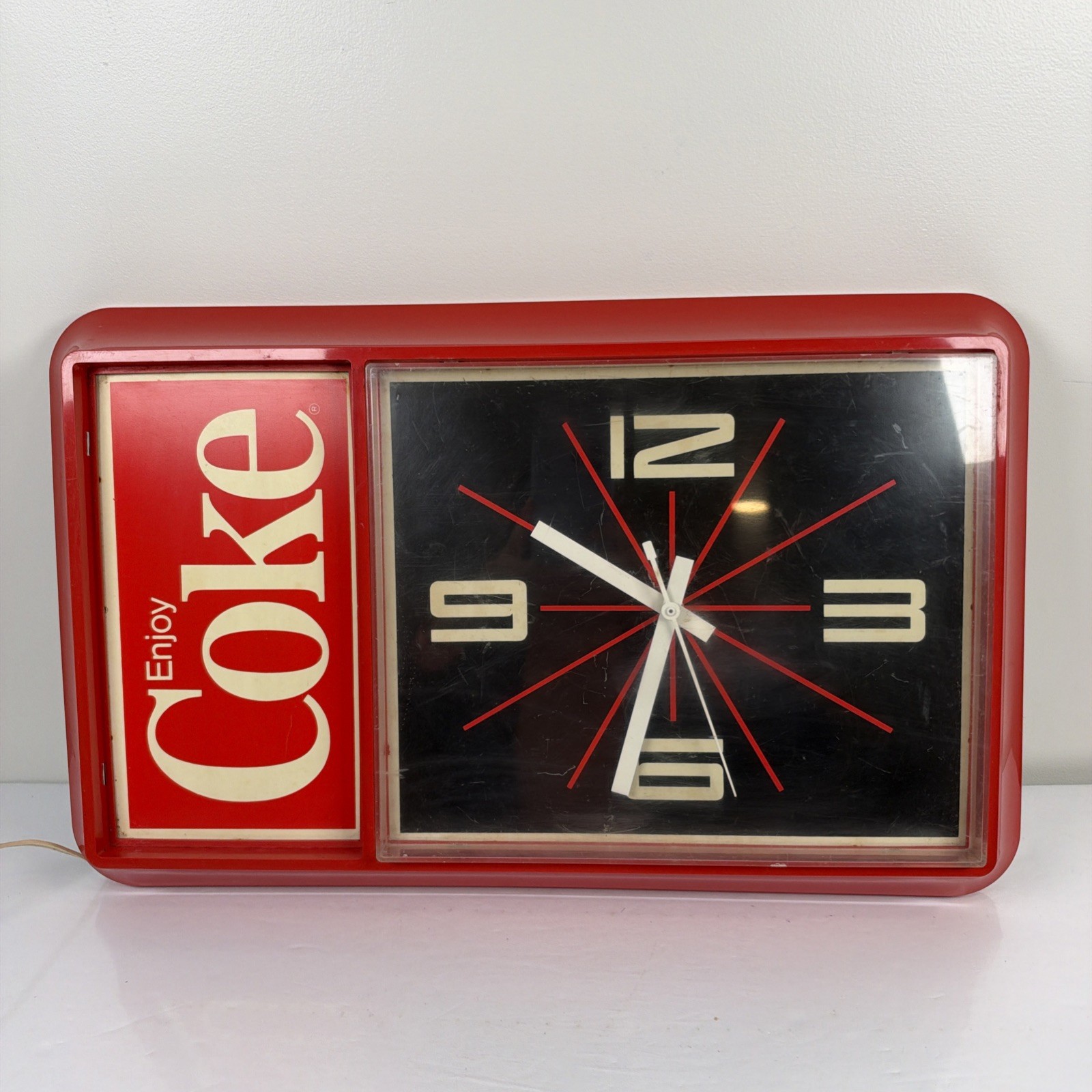 Vintage 80s Coca-Cola Enjoy Coke Lighted Wall Clock Ridan Displays Works 21x13 Vintage 80s Coca-Cola Enjoy Coke Lighted Wall Clock Ridan Displays Works 21x13