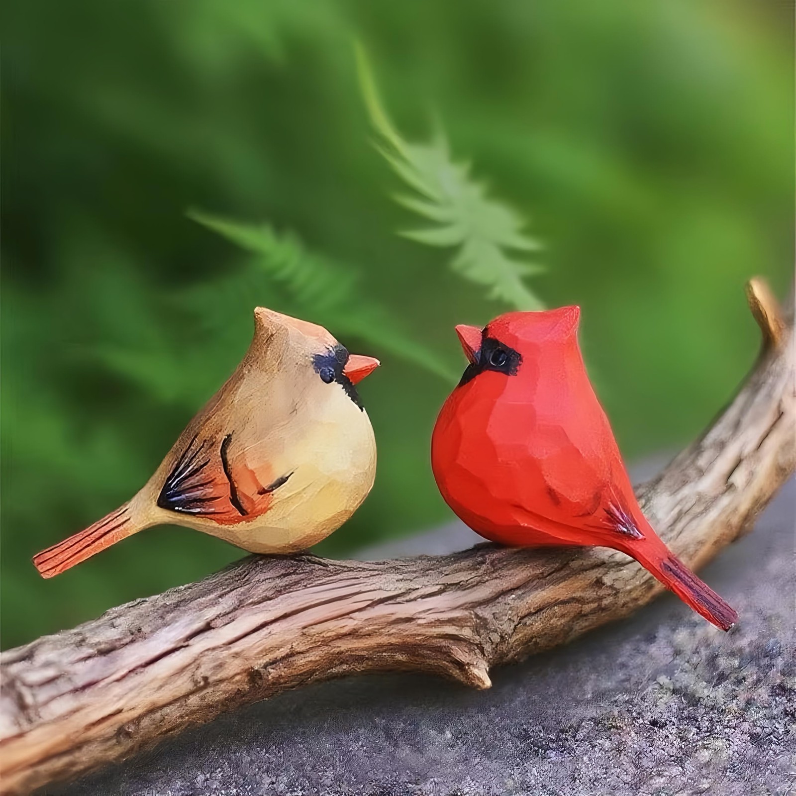 Hand-Carved Wooden Northern Cardinal Figurines, 3.7