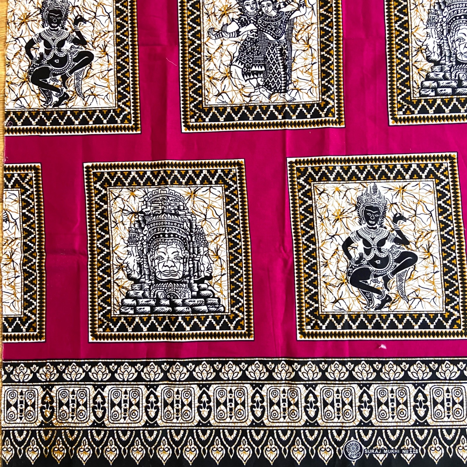Cambodian Apsara Bayon Face Batik Style Cotton Sarong Fabric Red Pink 2 Yd x 41\