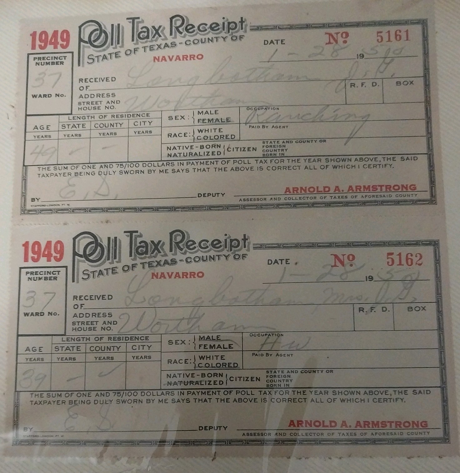 Lot of two 1949 Poll Tax Receipts Navarro Cty Texas -State Democratic Committee 