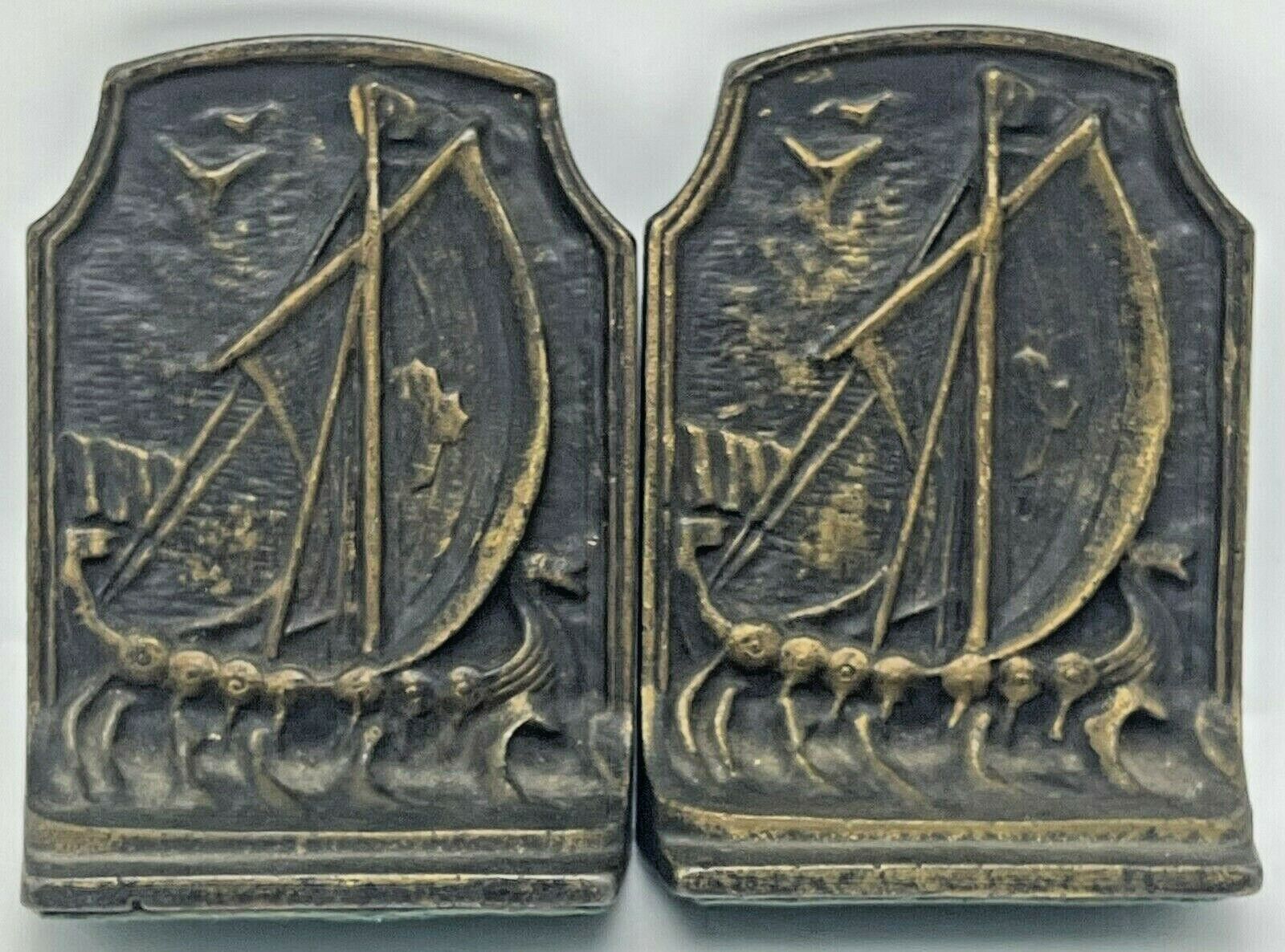 Vintage Pair Viking Sailing Ship Boat Heavy Cast Metal Bookends