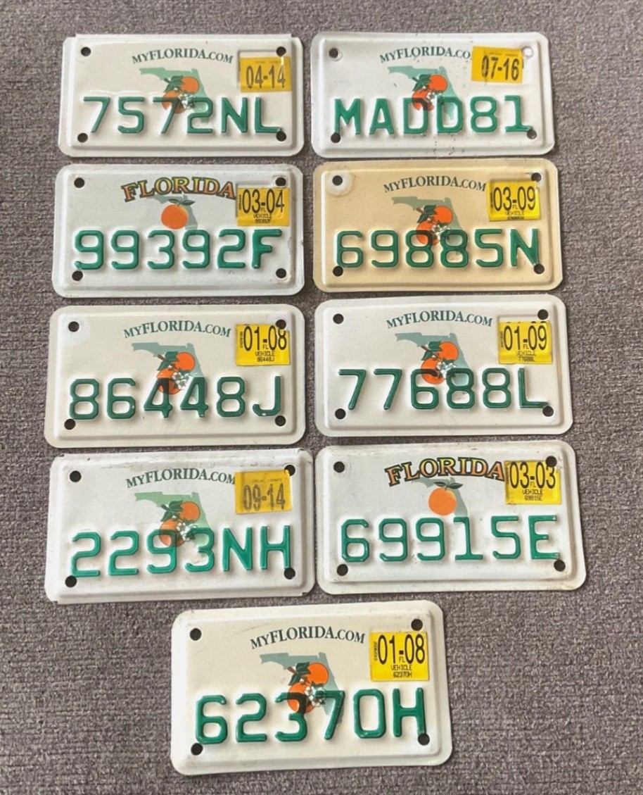 RARE LOT OF 9 VINTAGE FLORIDA MOTORCYCLE LICENSE PLATE PLATES ORIGINAL NICE 
