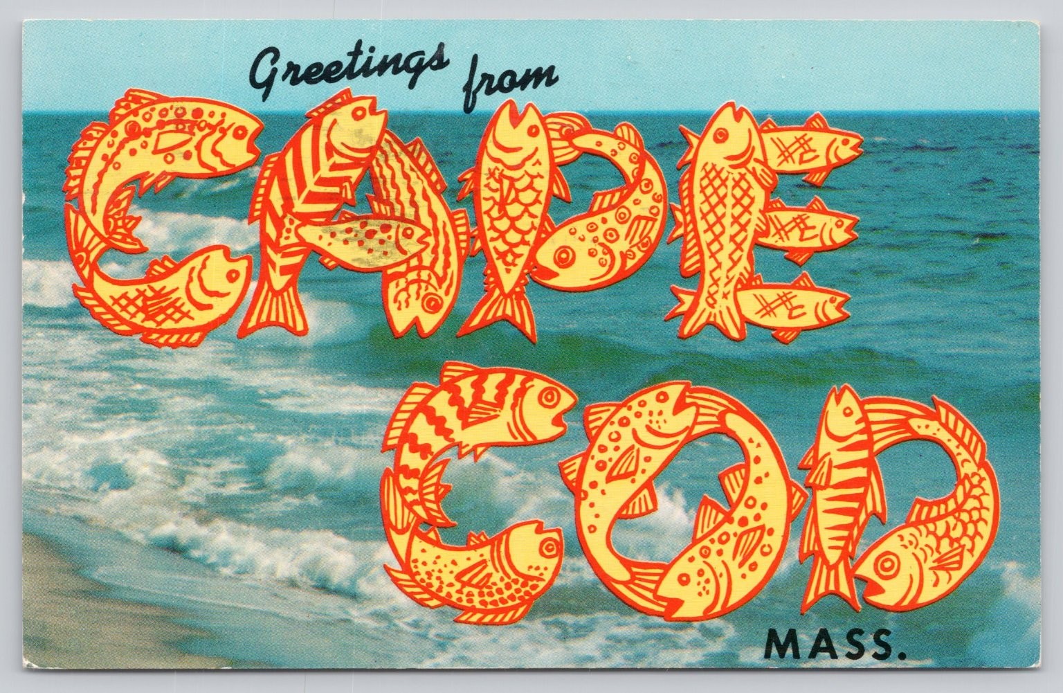 Greetings from Cape Cod Mass. Fish Lettering Linen Postcard 1963 Tichnor Greetings from Cape Cod Mass. Fish Lettering Linen Postcard 1963 Tichnor
