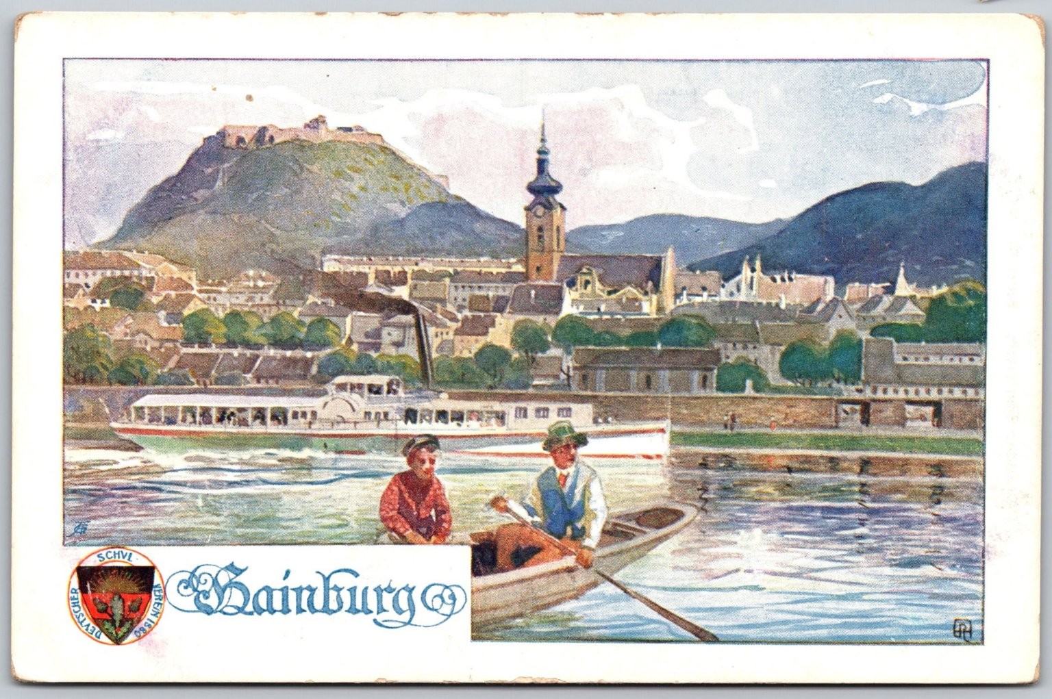 Hainburg an der Donau Austria River Paddle Steamer Castle Vintage Postcard F466