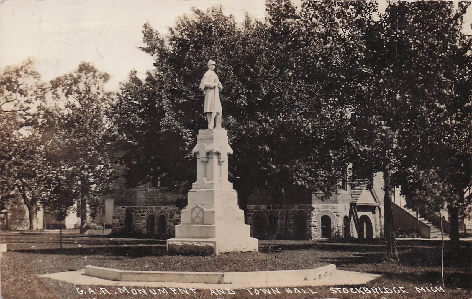 RPPC Stockbridge Michigan Town Hall Military Monument Statue Photo Postcard 15A