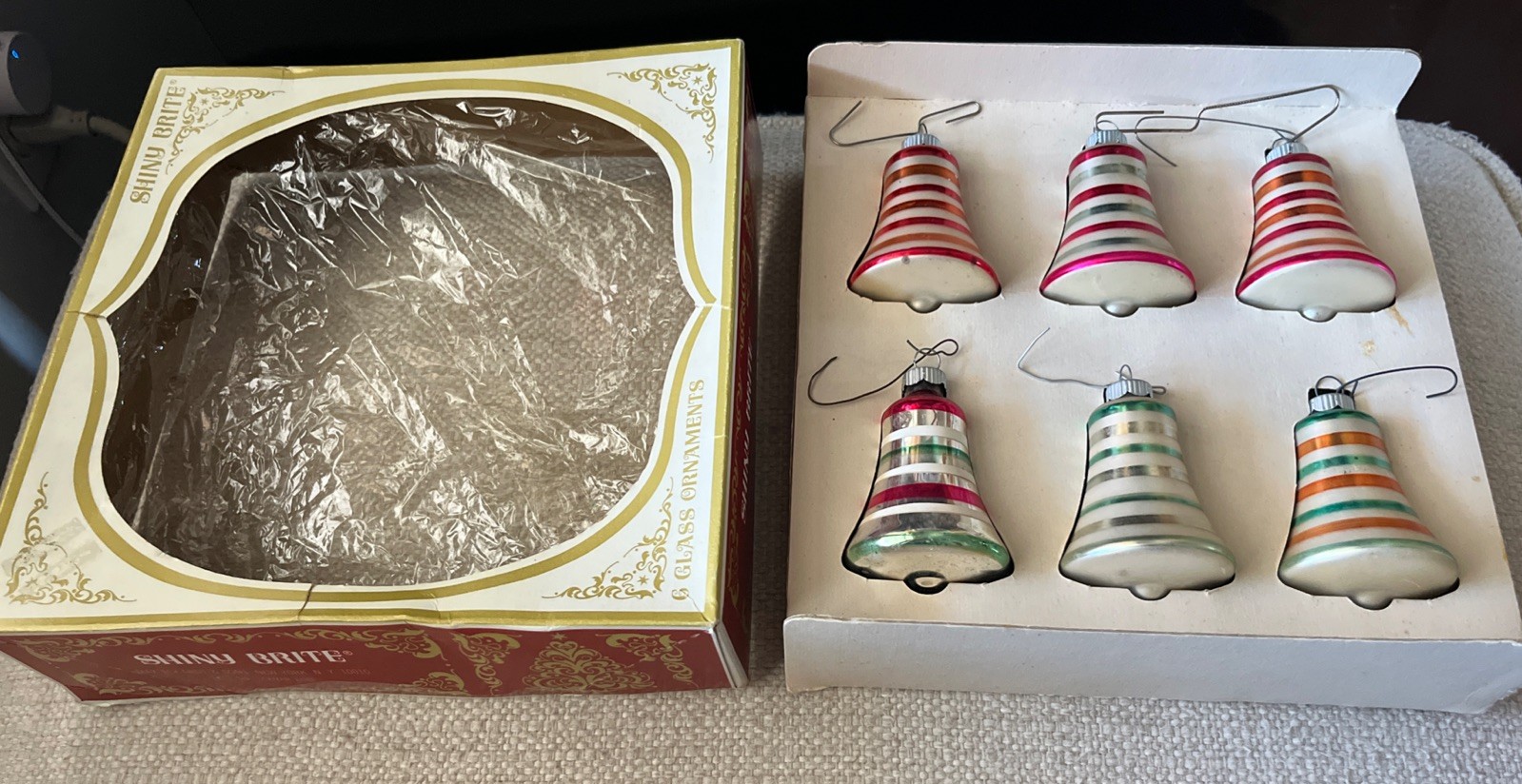 6 Vintage Shiny Brite Christmas striped glass bell shaped ornaments