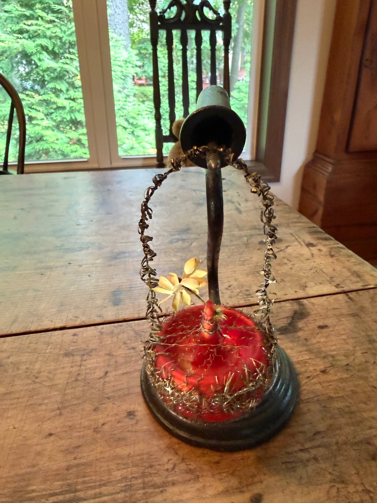 1910s Antique German Wire Wrapped Flower Basket Figural Glass Christmas Ornament