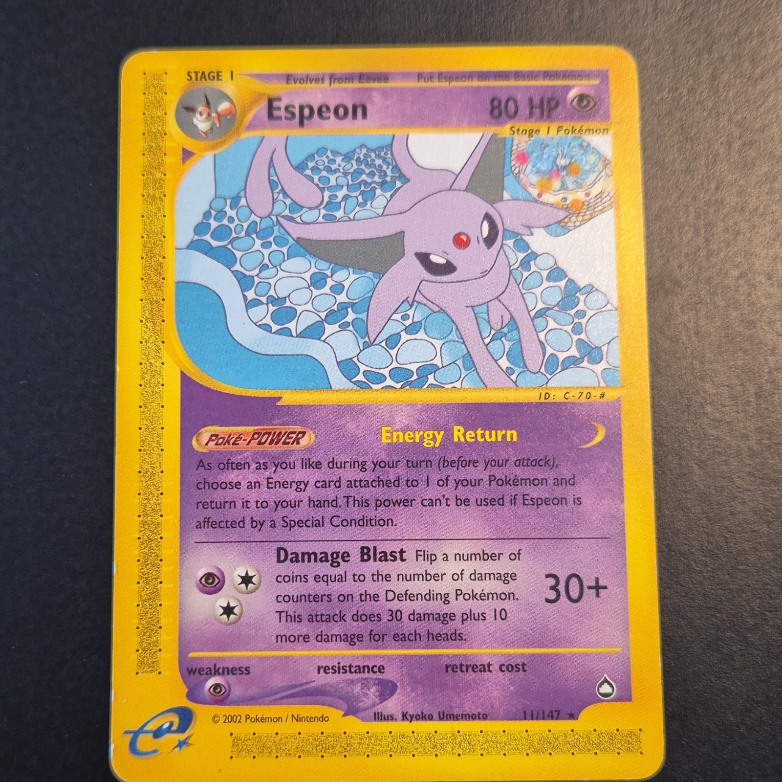 Nintendo Espeon 11/147 Holo Rare 80 HP Psychic Pokemon Card ENG 2002 Nintendo Espeon 11/147 Holo Rare 80 HP Psychic Pokemon Card ENG 2002