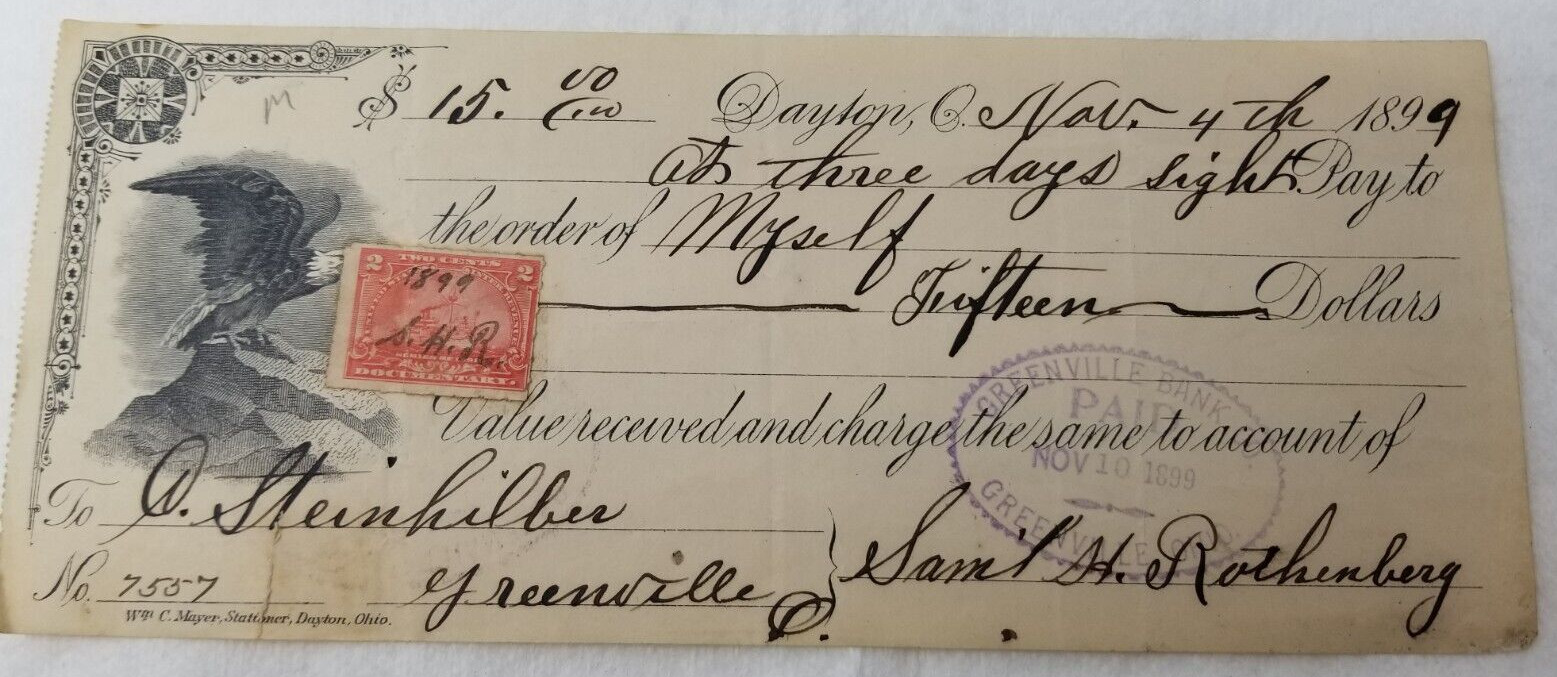 1899 Cancelled Check Greenville Bank Ohio Mayer Stationary Dayton Eagle Graphic