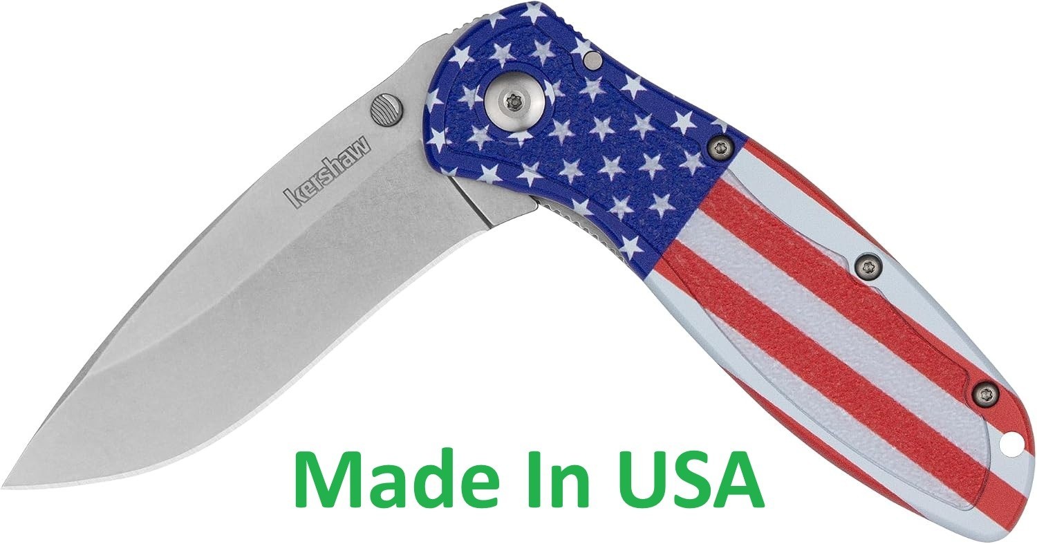 Kershaw Blur USA Flag Folding Pocket Knife, Made in USA, 3.4 Inch 14C28N Steel Kershaw Blur USA Flag Folding Pocket Knife, Made in USA, 3.4 Inch 14C28N Steel