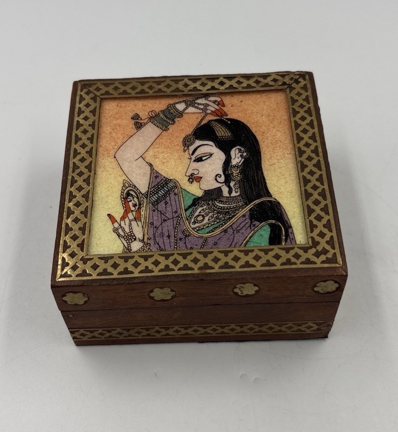 Handcrafted Wooden Jewelry Box Indian Gem Stone Painting Brass Inlay 3.25x3.25”
