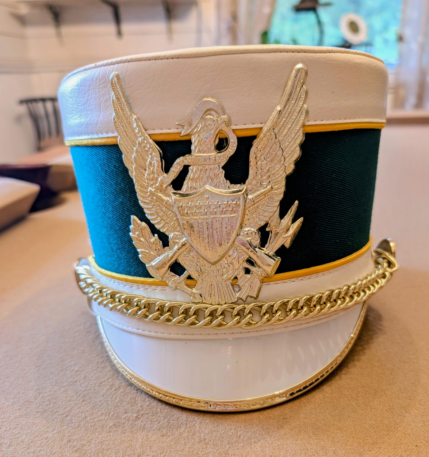 Band Parade Helmet, Green and White, with Gold Chain. Sz L, Very Good Condition Band Parade Helmet, Green and White, with Gold Chain. Sz L, Very Good Condition