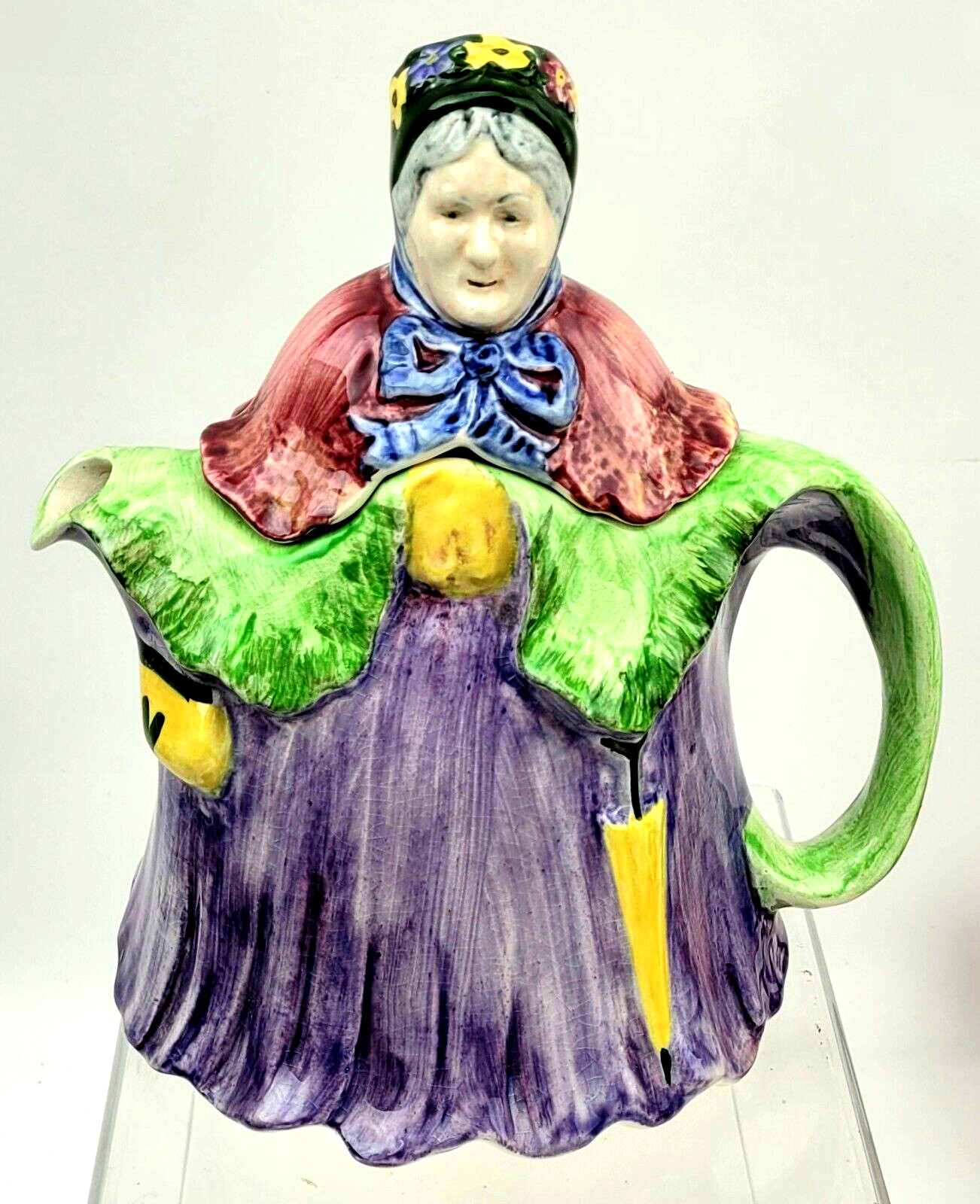 Little Old Lady H. J. Wood Hand Painted Green Purple Red Tea Pot England 1930\'s
