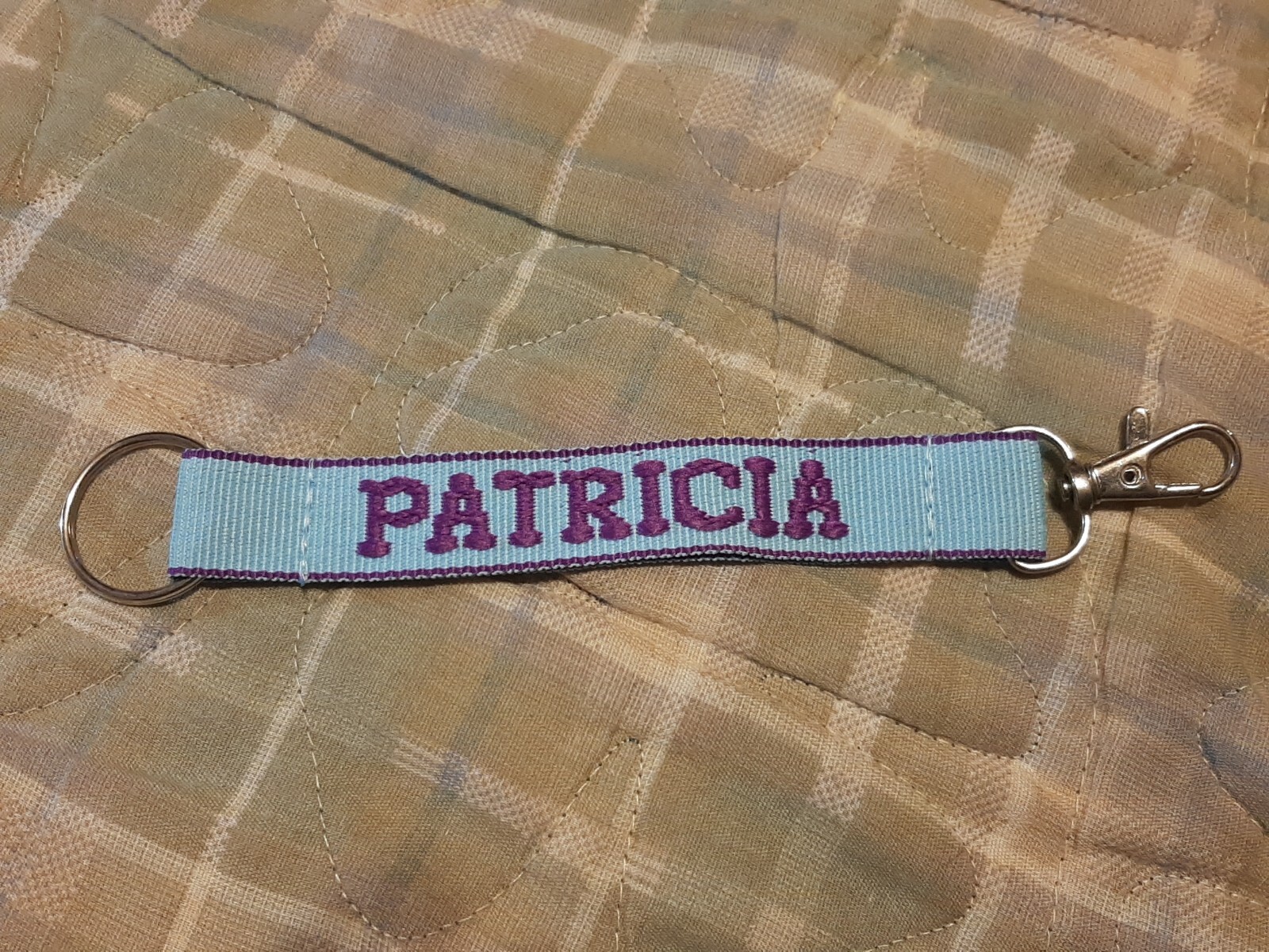 PATRICIA Embroidered Name Strap Key Ring, Keychain with Clasp (LT. BLUE)