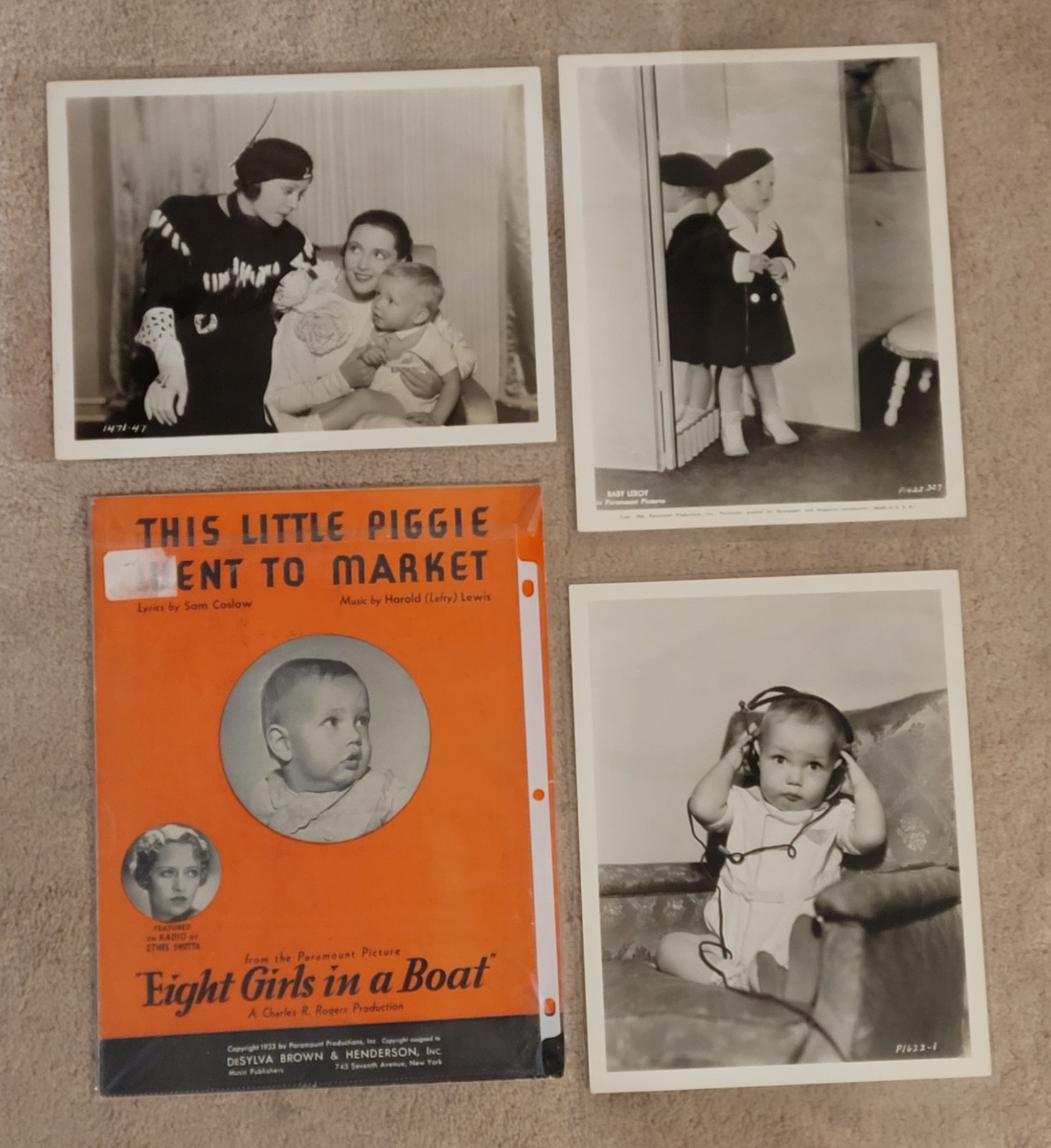 Baby LeRoy Vintage Memorabilia Lot: 3 Glossy 8x10 Photos & 1933 Movie Sheet Musi