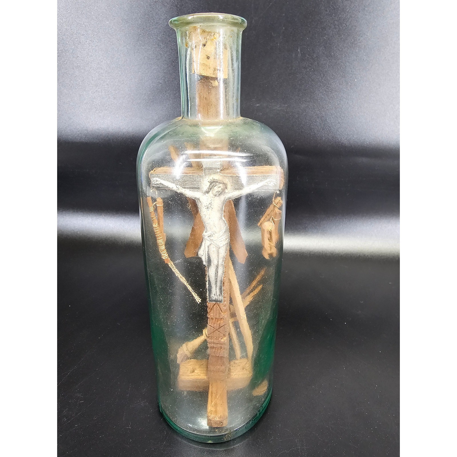 Crucifix in a Bottle Antique German Folk Art Monastery Work Jesus Christ 1900s