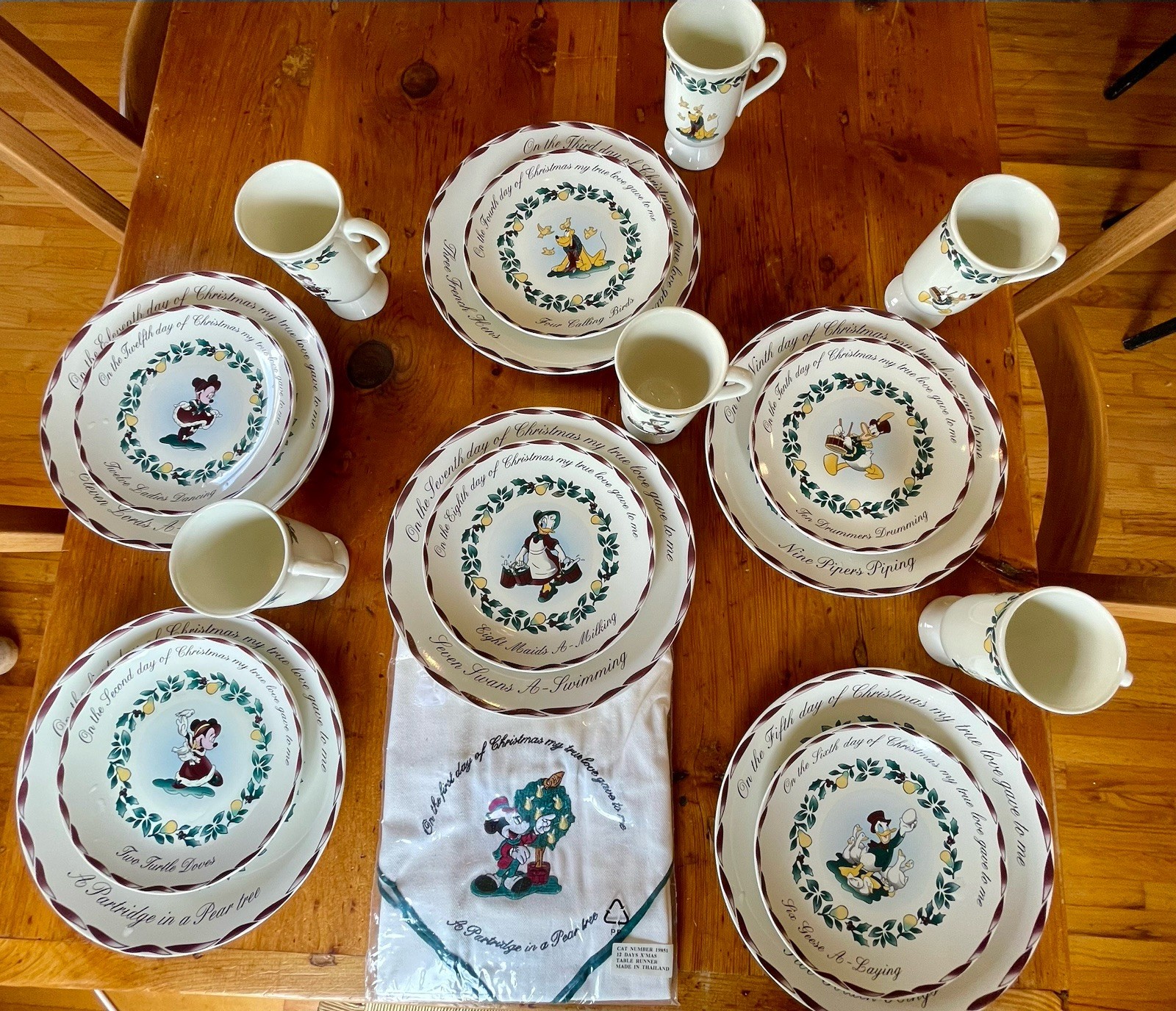 Lot of 19 Vintage Disney 12 Days of Christmas Plates, Cups, Rare Runner