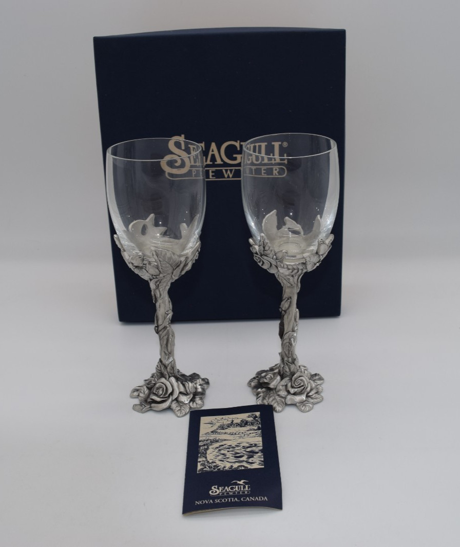 Vintage Seagull Canada Pewter Wine Glasses 1995 Floral Signed Roses Set Of 2 NIB