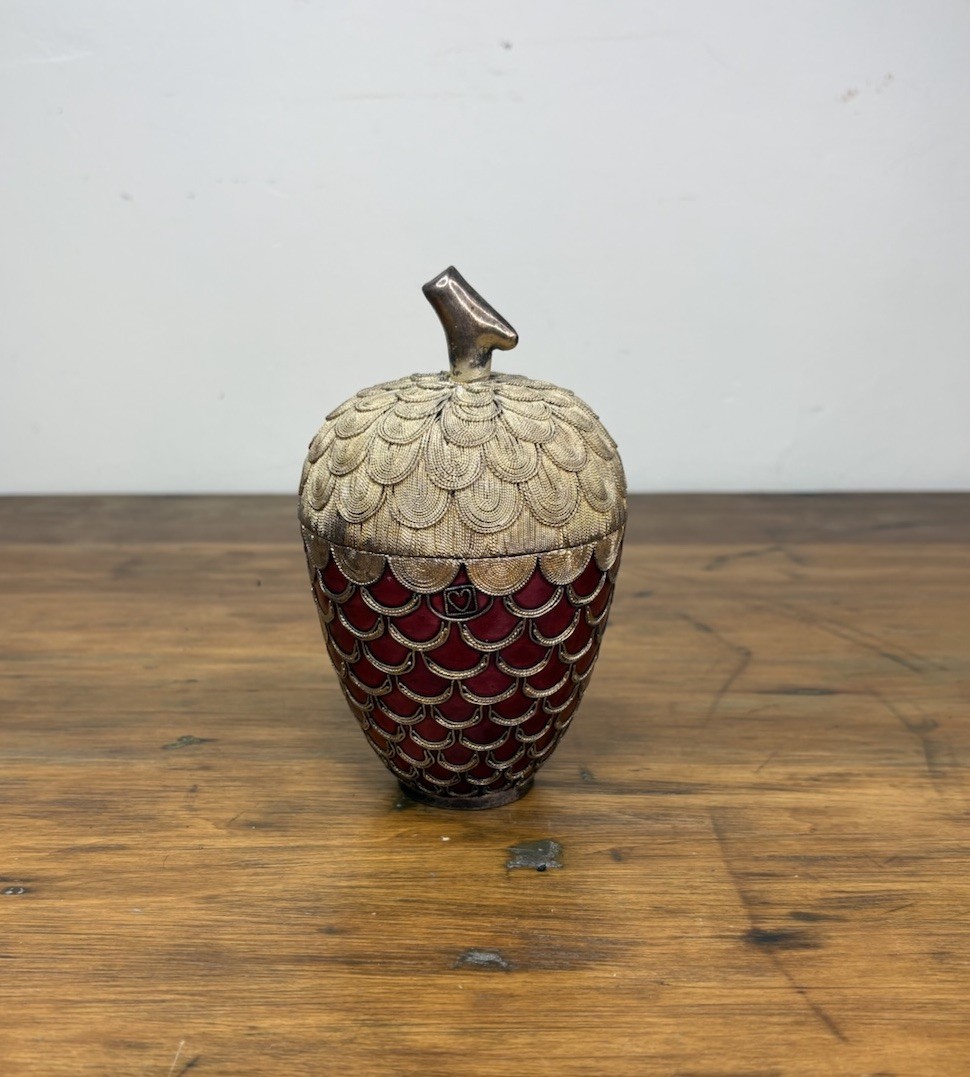 Vintage NYCO Nicki Yassaman Cloisonne Enamel Acorn Trinket Box Jar Red Gold 6