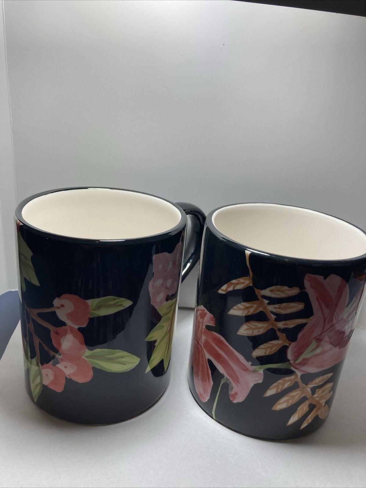 Totally Today Set Of 2 Black Coffee Mugs Fruit And Flowers Designs Hand Painted
