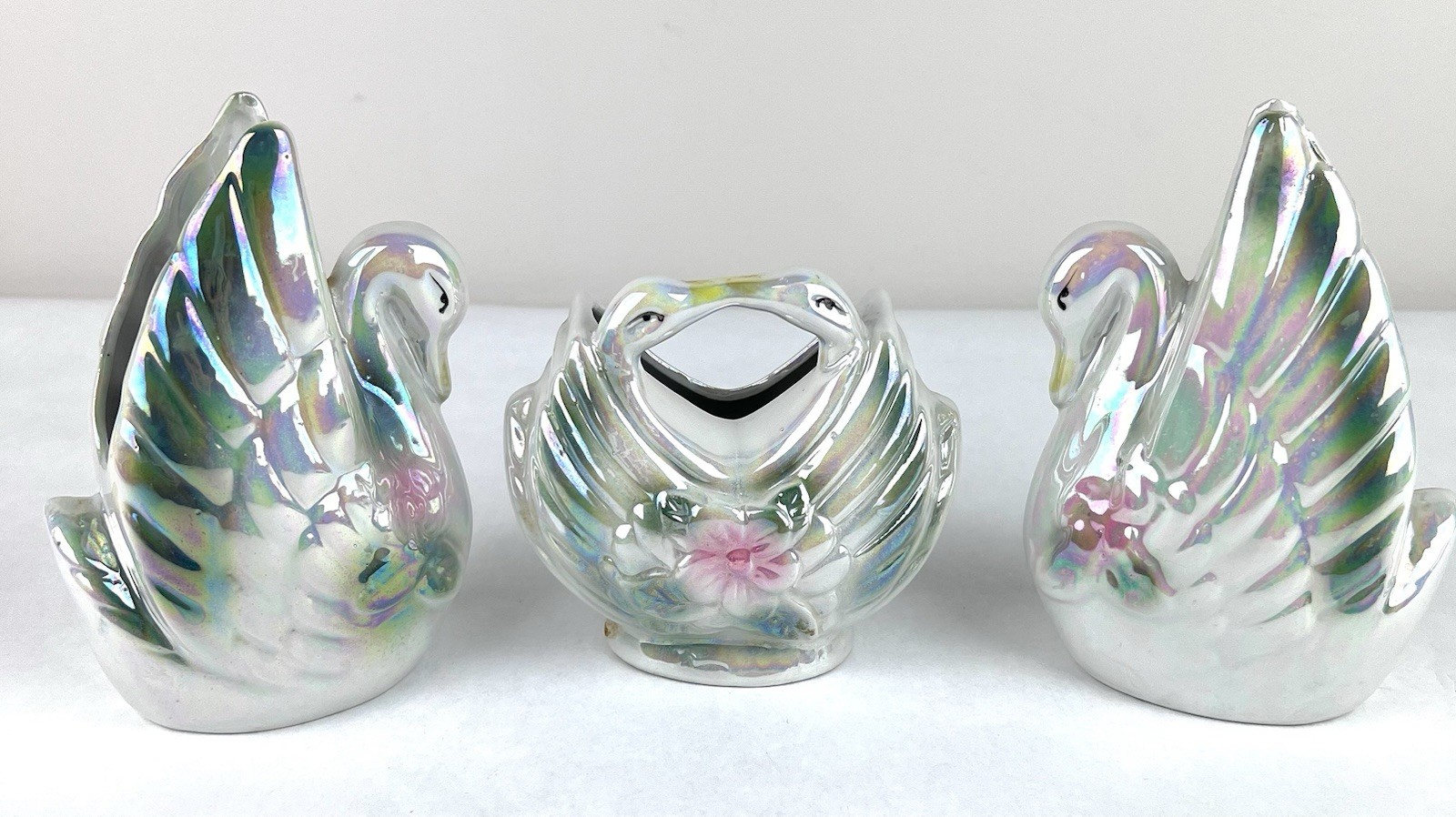 Vtg. Ceramic Swan Planter Vase Grouping Brilliant Iridescent Cottagecore