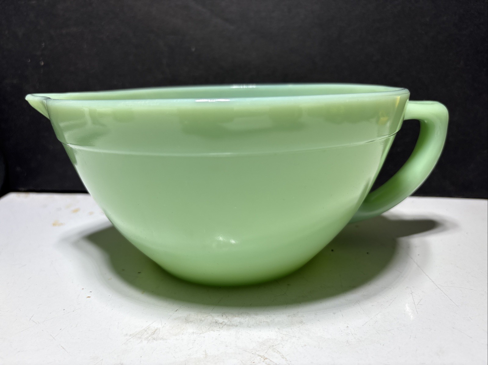 Vintage Fire-King Jadite Mixing Bowl with Handle and Pour Spout Round Original