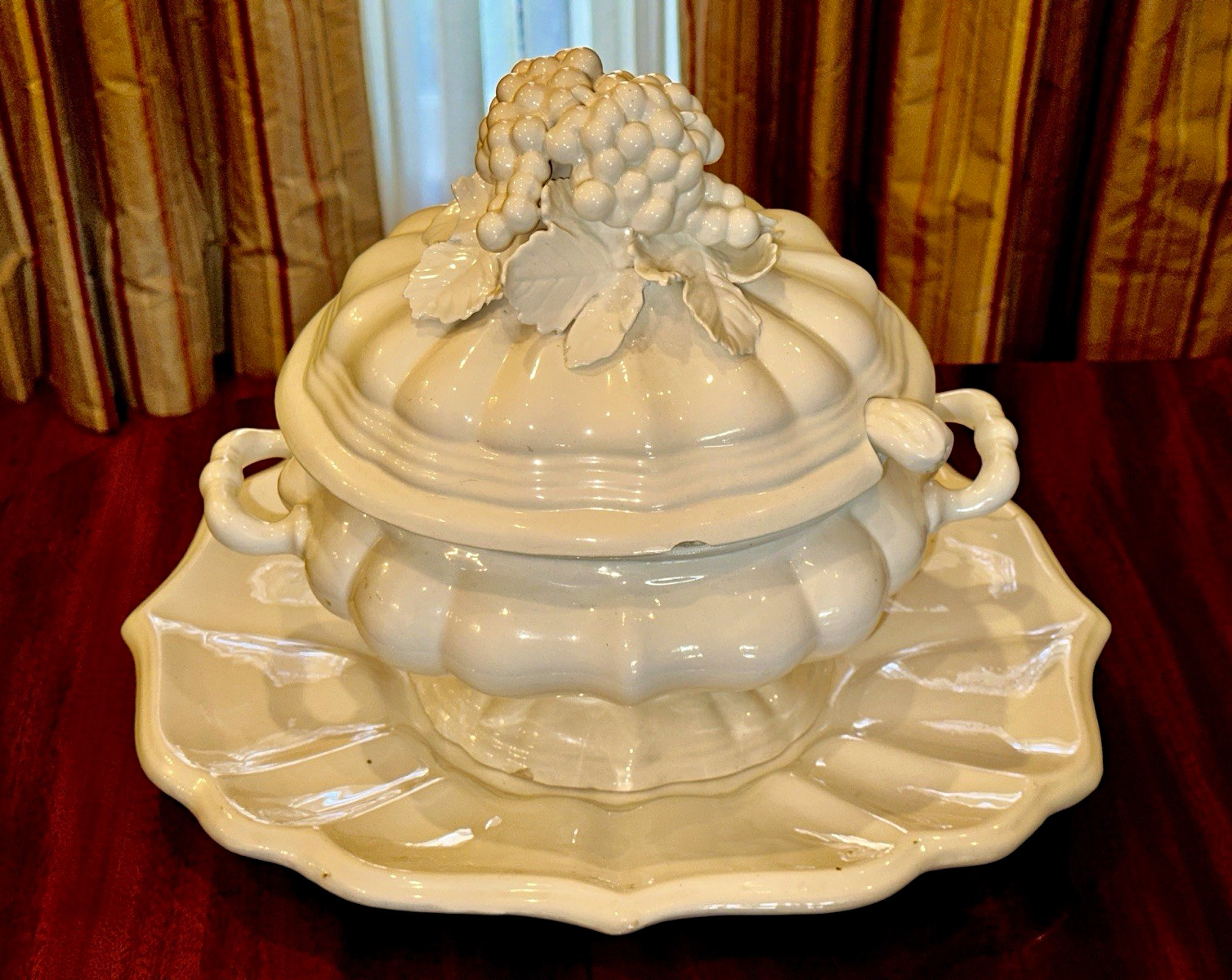 Vintage 1963 White Glazed Ceramic Grapes Soup Tureen w/ Lid, Spoon & Platter