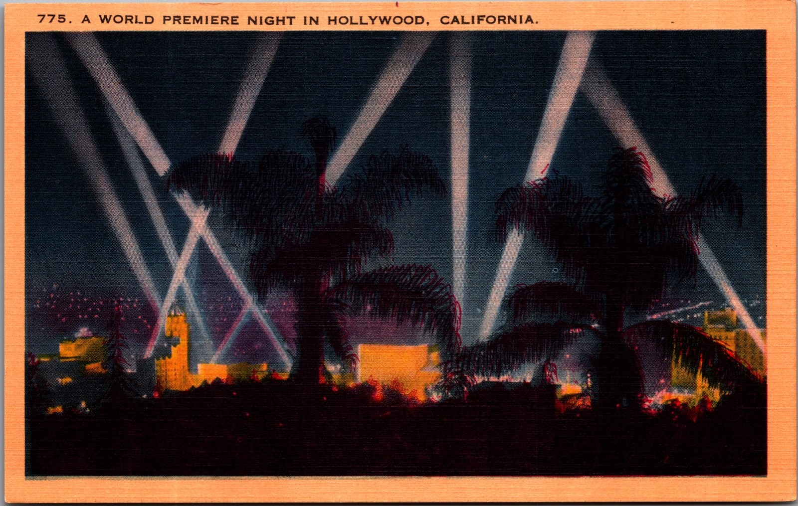 Vintage 1930s Linen Postcard World Premiere Night Hollywood California Lights
