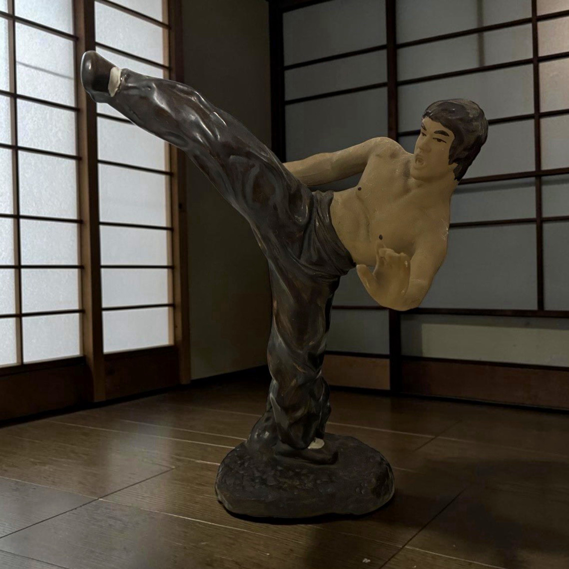 Ceramic Martial Arts High Kick Man Figurine Sculpture, Signed