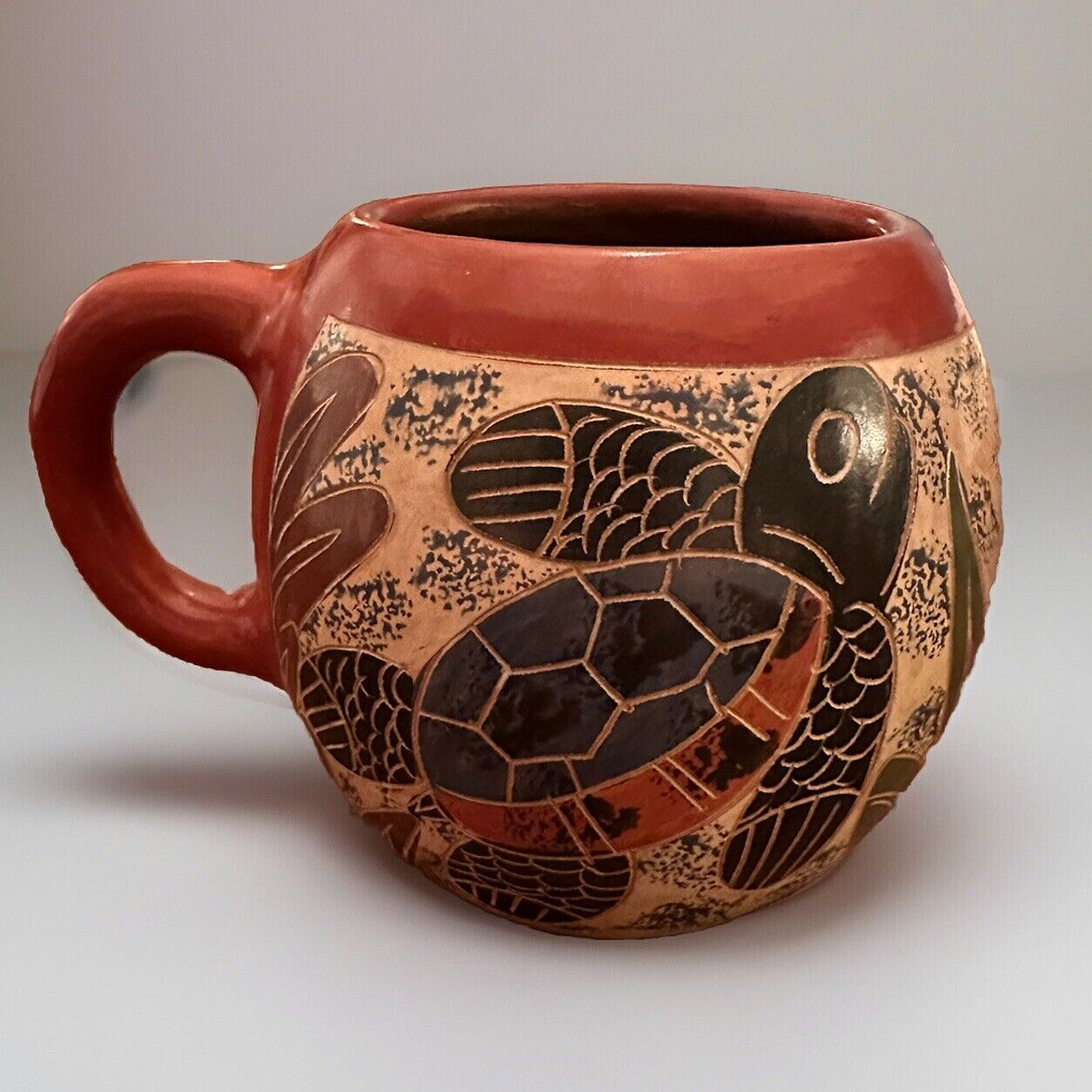 Nicaraguan Artisan Handmade Red Clay Art Pottery Carved Etched Sea Turtle Mug