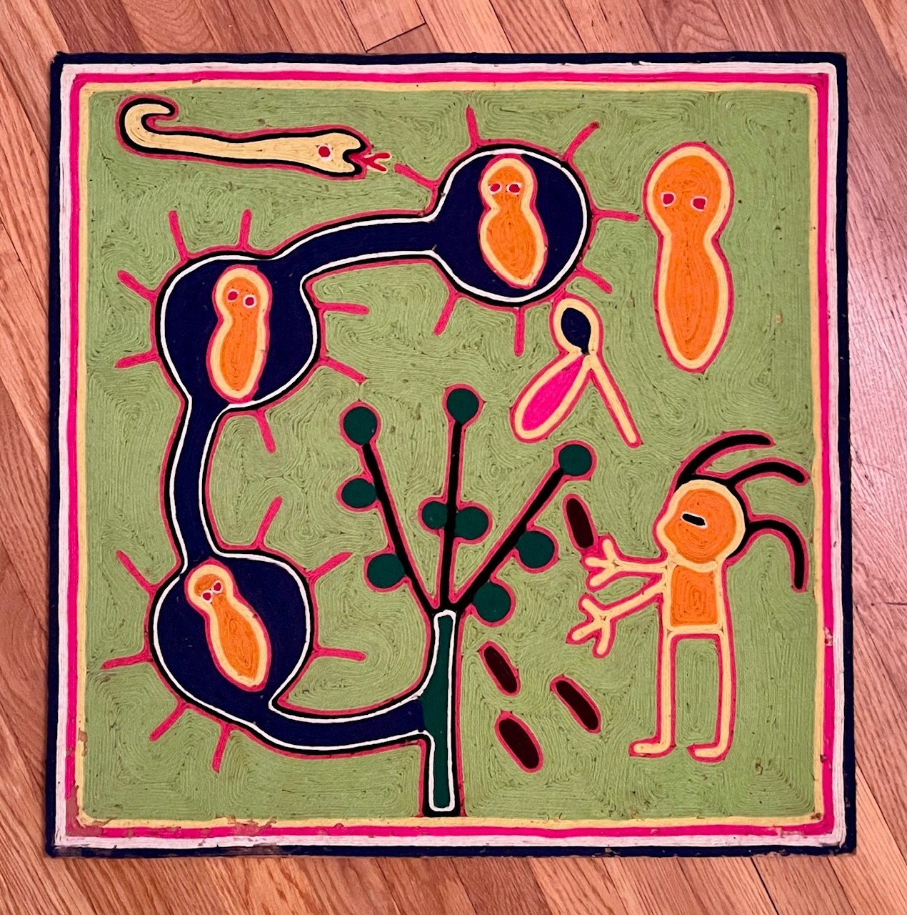 Vintage Huichol Yarn Painting on Plywood.  By artist Fabian Gonzalez.  23\