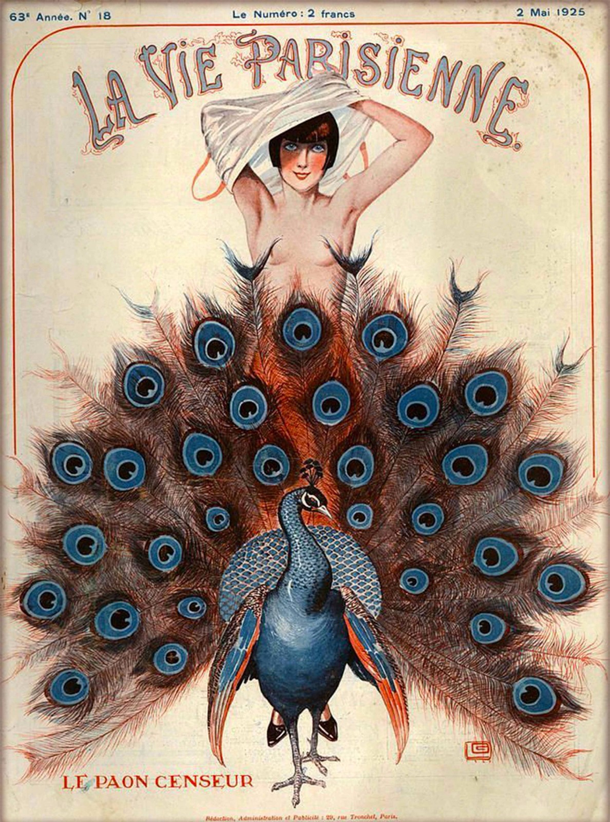1925 La Vie Parisienne Le Paon Censeur France Travel Advertisement Poster 1925 La Vie Parisienne Le Paon Censeur France Travel Advertisement Poster