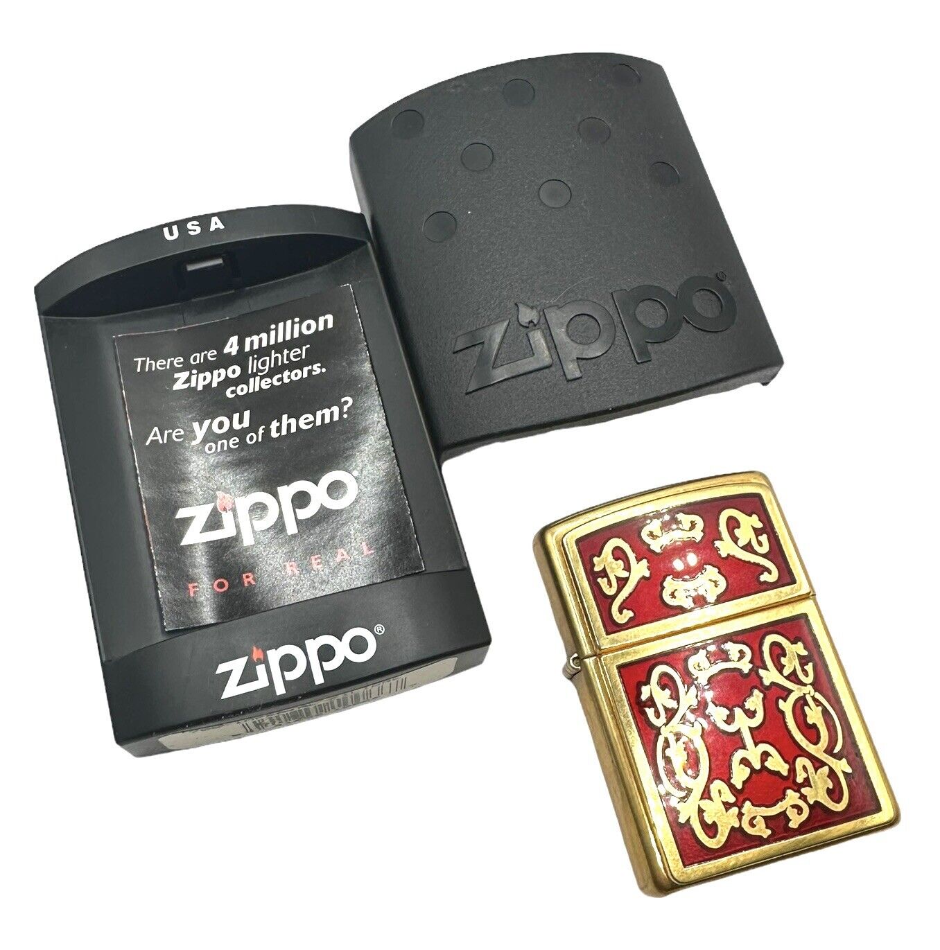 ZIPPO 2002 IMPERIAL FILIGRE RED GOLD EMBLEM LIGHTER w/ Case 