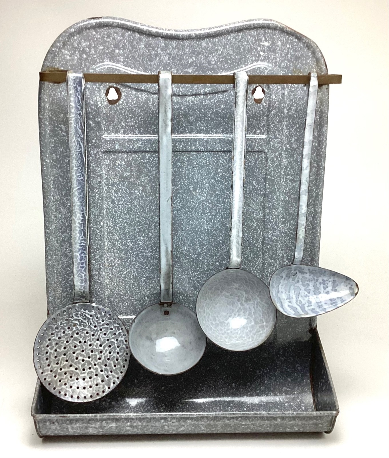 Vintage Gray Enamelware Graniteware Utensil Rack Holder with 4 Gray Utensils Vintage Gray Enamelware Graniteware Utensil Rack Holder with 4 Gray Utensils