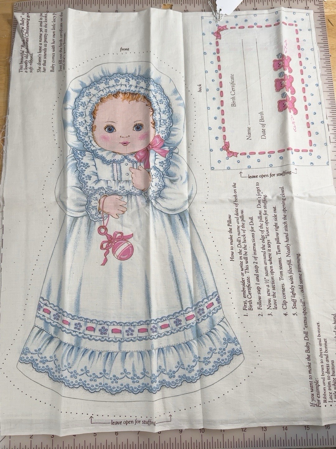 Cranston VIP Rock-A-Bye Baby Doll Pillow Cut Sew Fabric Panel Birth Certificate