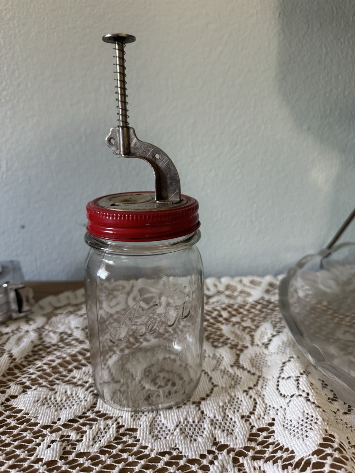Vintage Krasco Mechanical Cherry Stone Pitter Lid & Vintage Kerr Mason Jar 