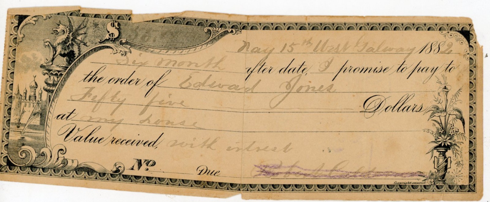 1882 Antique Promissory Note West Galway NY $55 Edward Jones Handwritten Signed