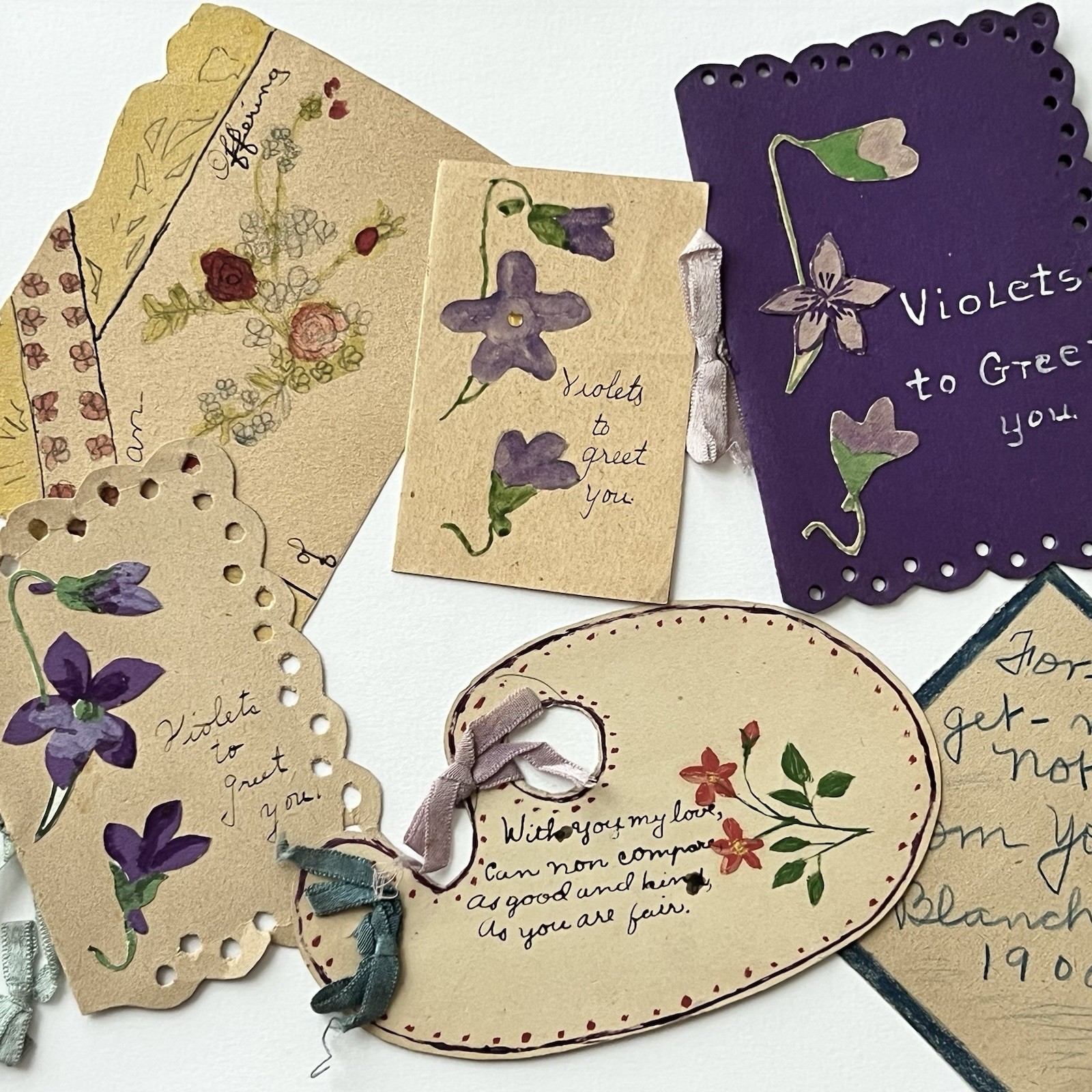 Antique Adorable Handmade Cute Valentine’s Day Cards Love Sweet Folk Art Violets