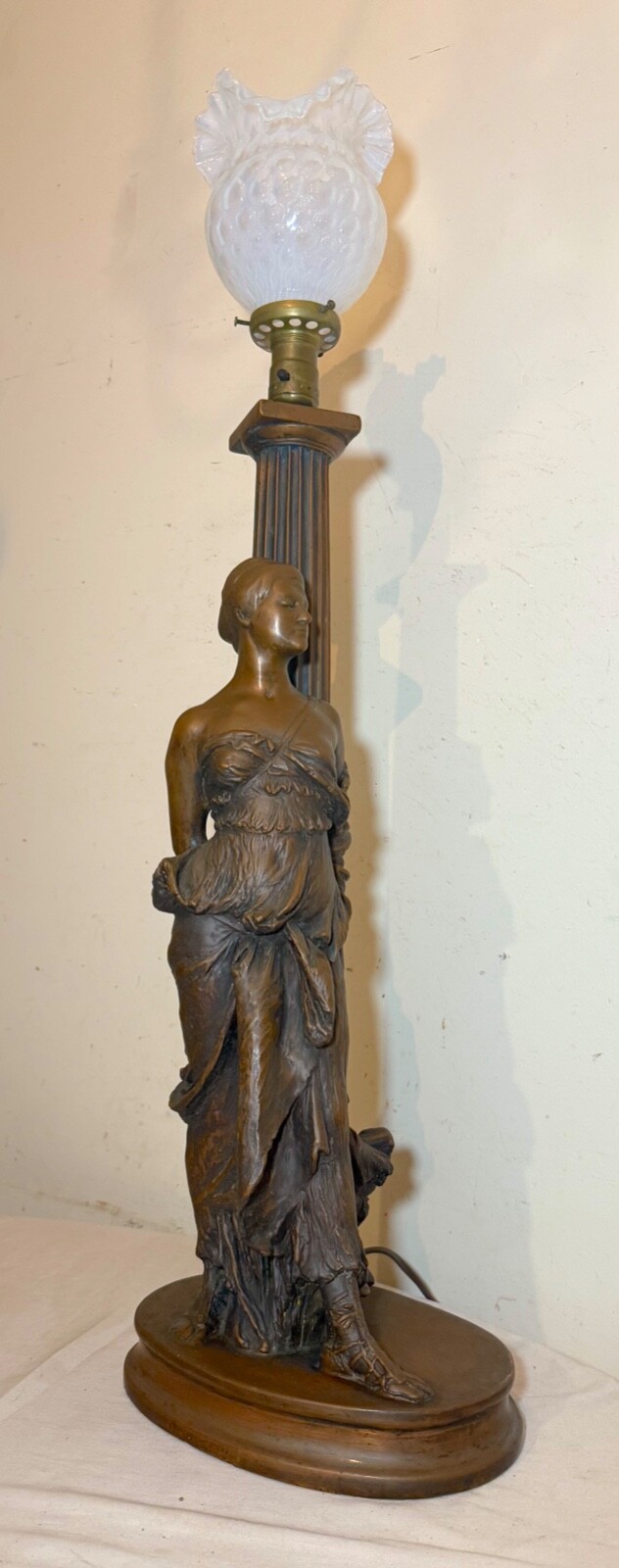 Huge Antique Marion bronze clad co. opal glass figural lady woman table lamp