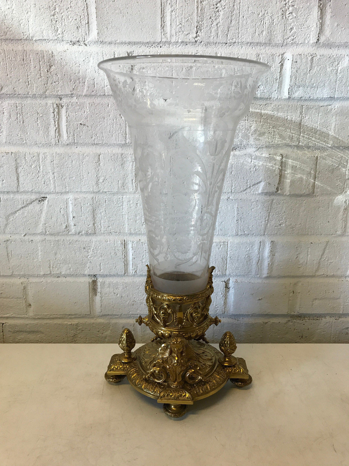 Antique Victorian Aesthetic Gilt Bronze Trumpet Vase Centerpiece Etched Glass